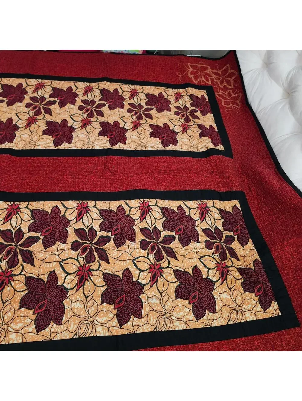 Beautiful Handmade Floral Quilt Maroon Floral Embroidery Black Yellow Leaves